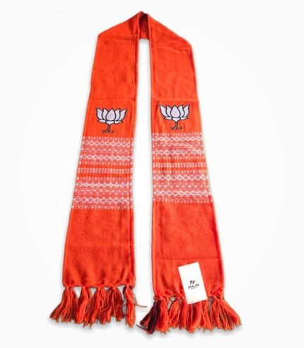 BJP orange cotton muffler with lotus print and white Rajwadi woven design