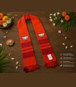 BJP Premium Muffler product showcase with saffron Rajwadi woven design, lotus symbol and decorative political campaign styling by Jhalak Enterprises