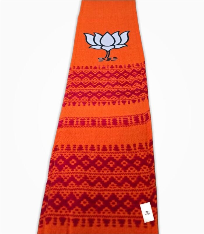 Closeup BJP Muffler Rajwadi Woven Border Design in Saffron Cotton Fabric
