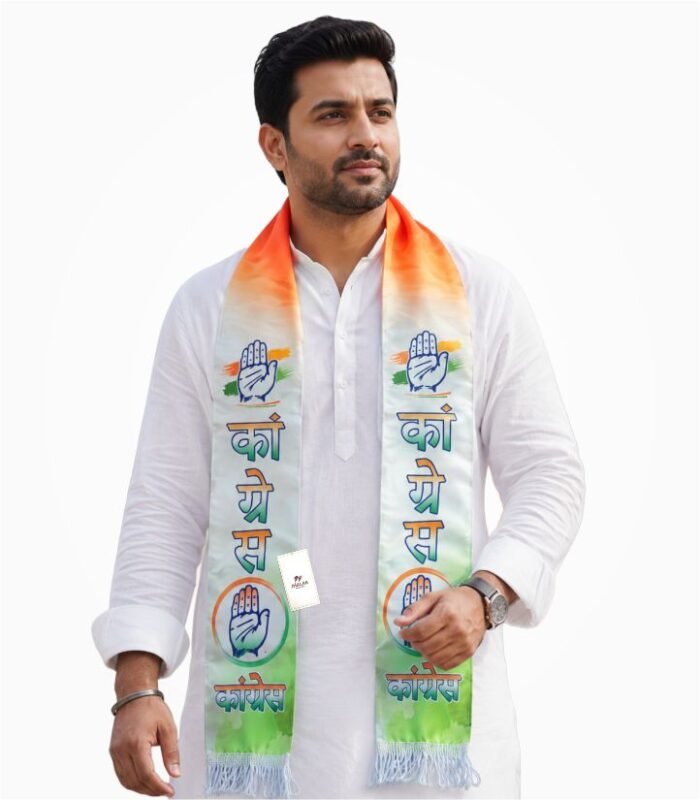 Congress Party Digital Print Muffler on White Kurta Model