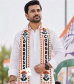 Congress VIP Embroidery Muffler Tricolor Campaign Scarf on White Kurta Model