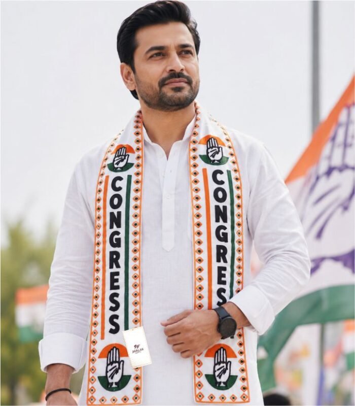 Congress VIP Embroidery Muffler Tricolor Campaign Scarf on White Kurta Model