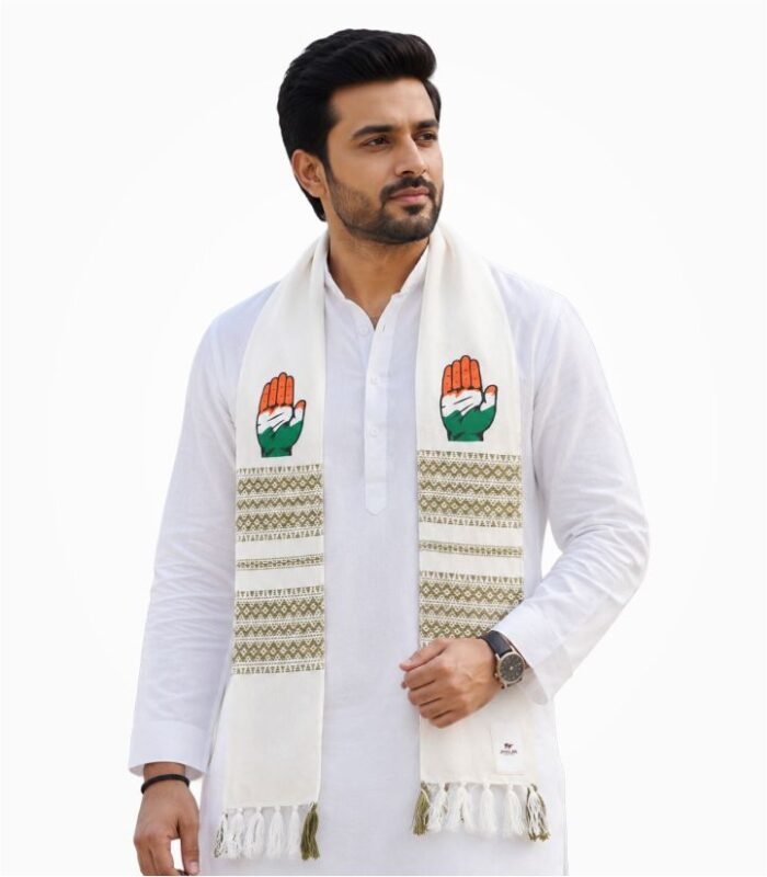 Congress Party VIP Muffler White Campaign Scarf on White Kurta Model