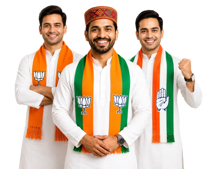 Indian political campaign group model wearing BJP, Congress and Shiv Sena mufflers in white kurta for election campaign material promotion