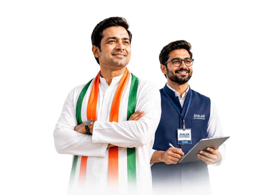 Indian politician with campaign manager model for election campaign materials promotion