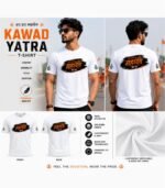 Model Wearing White Kawad Yatra T-Shirt with Har Har Mahadev Print