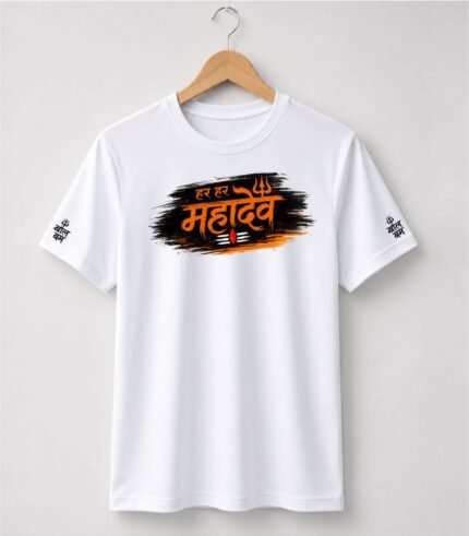 White Kawad Yatra T-Shirt with Har Har Mahadev Print Front View