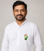 Indian man wearing Congress Hand Symbol Stone Badge on white kurta