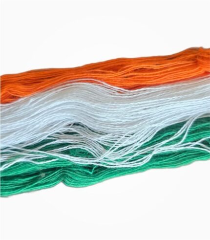 Close-up of saffron white and green threads in Tiranga Soot Mala