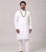 Indian man wearing Tiranga Soot Ki Mala with white kurta pajama