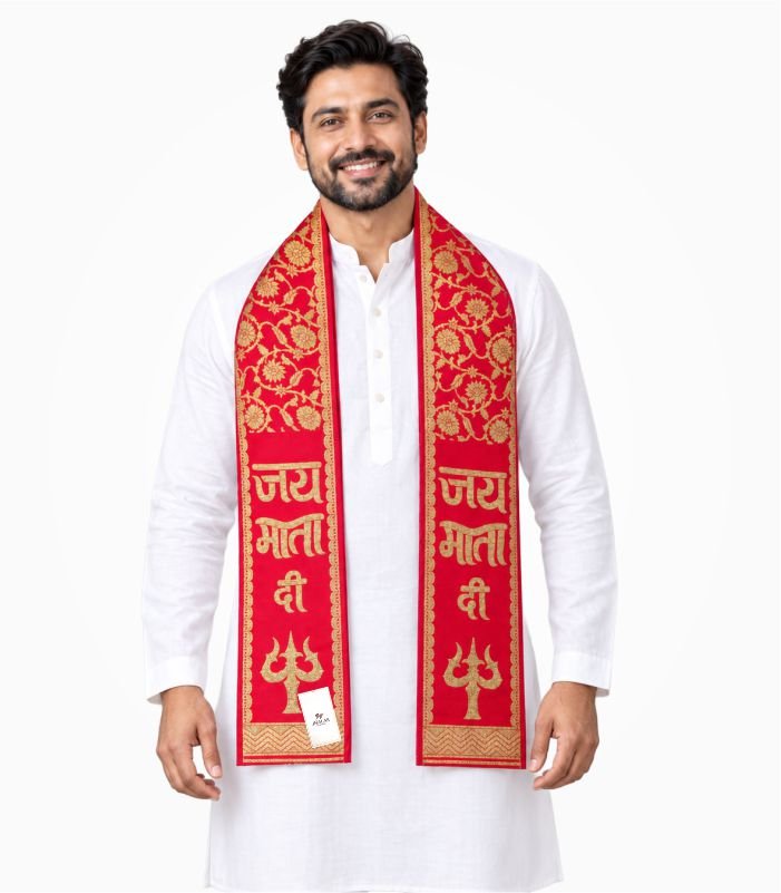 Model wearing a red Jai Mata Di zari patka for Navratri and religious events