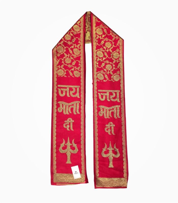 Red Jai Mata Di Zari Patka with golden floral design and trishul