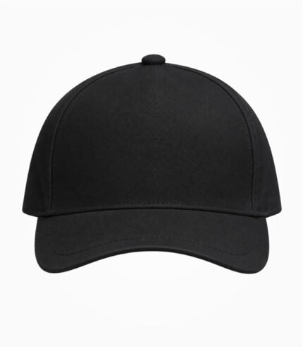 Plain black cap with a curved brim and blank front panel, front view