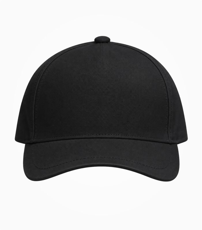 Plain black cap with a curved brim and blank front panel, front view