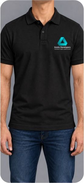 Black collar T-shirt with custom Iconic Developers logo printed on the left chest