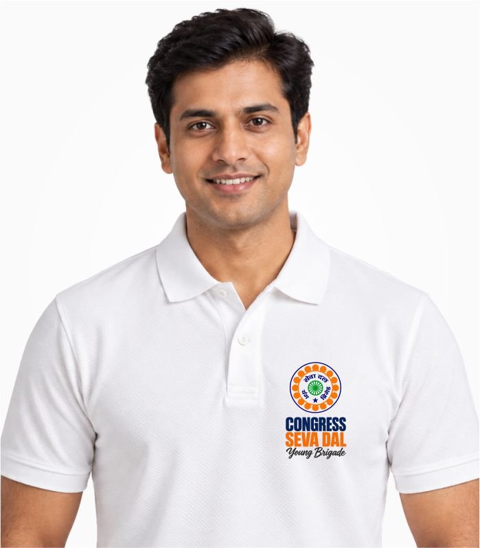 Male model wearing a white Congress Seva Dal Young Brigade polo T-shirt with a small logo on the left chest.