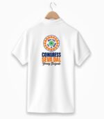 Back view of a white Congress Seva Dal Young Brigade polo T-shirt on a hanger, featuring a large emblem and lettering.