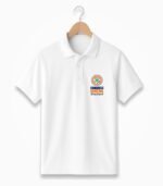 Front view of a white Congress Seva Dal Young Brigade polo T-shirt on a hanger, with a small left-chest logo.