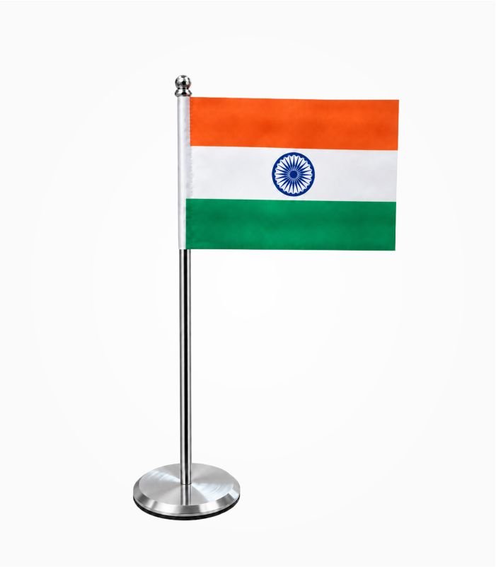 Indian satin table flag with Ashoka Chakra on a silver-coloured stand and round steel base