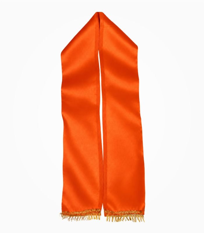 in orange satin patka with narrow golden lace and fringe at both ends