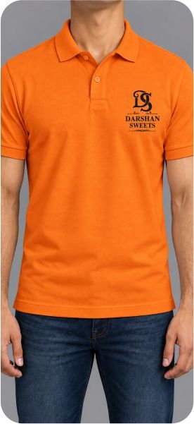 Orange collar T-shirt with custom Darshan Sweets logo printed on the left chest