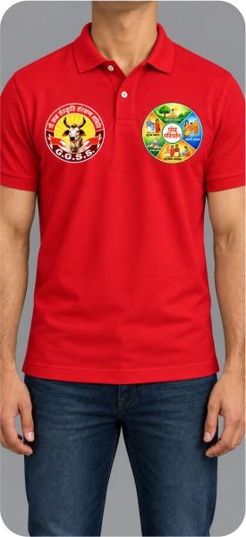 Red collar T-shirt with G.G.S.S. logo and Panch Parivartan emblem printed on the front chest