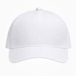 Plain white cap with a curved brim and blank front panel, front view