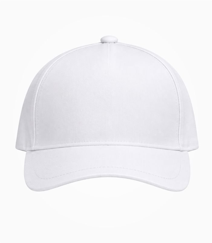 Plain white cap with a curved brim and blank front panel, front view
