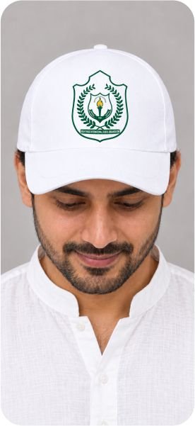 White cap with custom green school emblem logo printed on the front panel