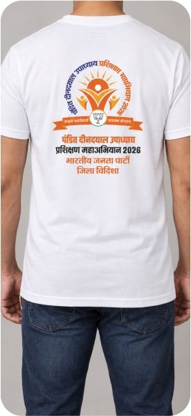 White round neck T-shirt with custom Pandit Deendayal Upadhyay Prashikshan Mahaabhiyan 2026 back print