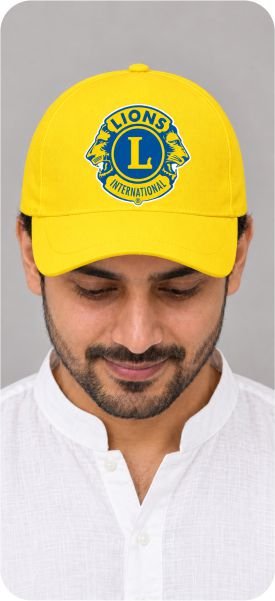 Yellow cap with custom Lions Club International logo printed on the front