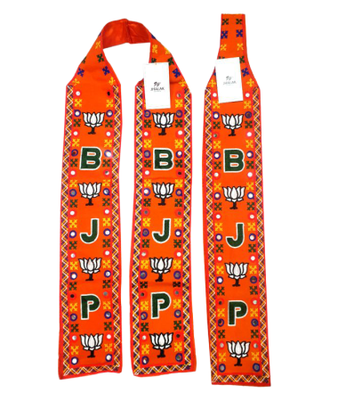 BJP orange embroidered muffler with lotus symbol and traditional pattern