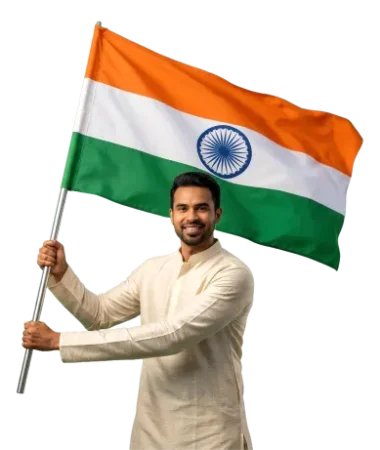 Smiling Indian man in traditional kurta holding Indian flag on pole for Jhalak Enterprises promotional material.